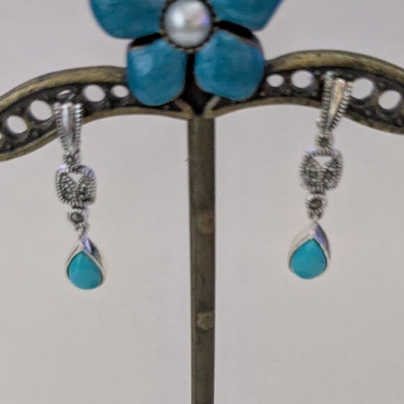 925 Sterling Silver Faux Turquoise Marcasite Dainty Dangle Pierced Earrings - Picture 1 of 6